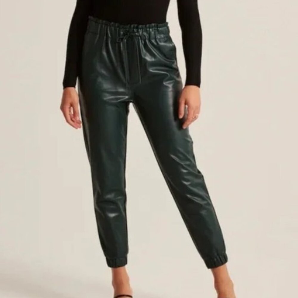 NEW Abercrombie Green Drawstring Faux Leather Ankle Pant Large Minimalist